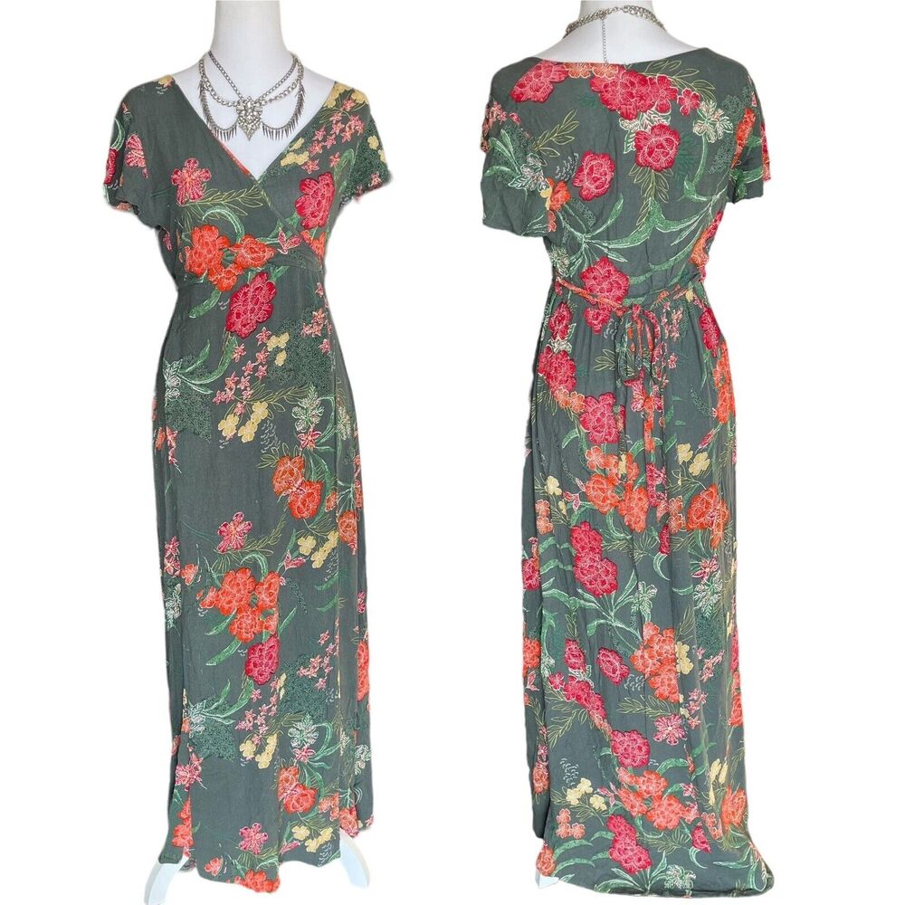 Patrons Of Peace Dress Maxi Floral Green Size XS Rayon Wrap Style VNeck Tropical